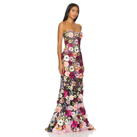 $1500 New Bronx and Banco Jasmine Multi Floral Embroidered Straples Gown Sz L /8 - Picture 4 of 16